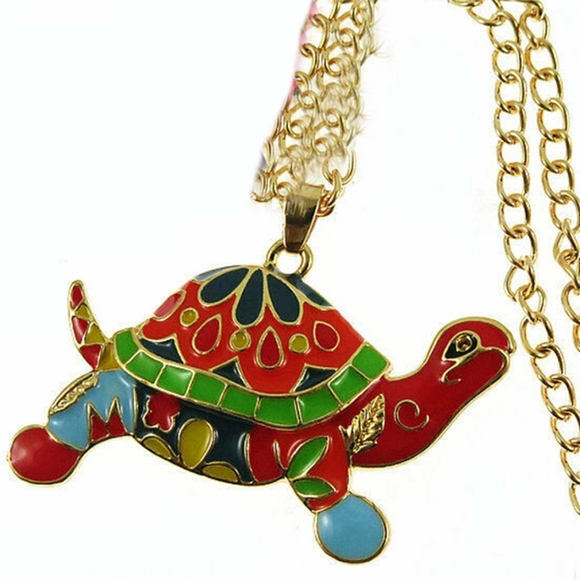 Multicolor Tortoise Sea Turtle Pendant / Necklace - Enamel - Picture 2 of 3